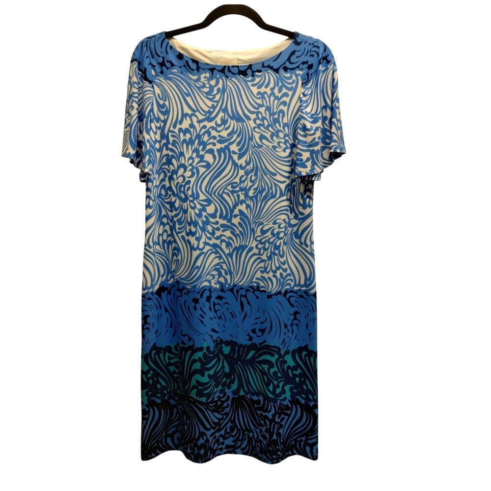 Chico's Size Small (0) Blue & White Lined Swirl Abstract Boat Neck Shift Dress